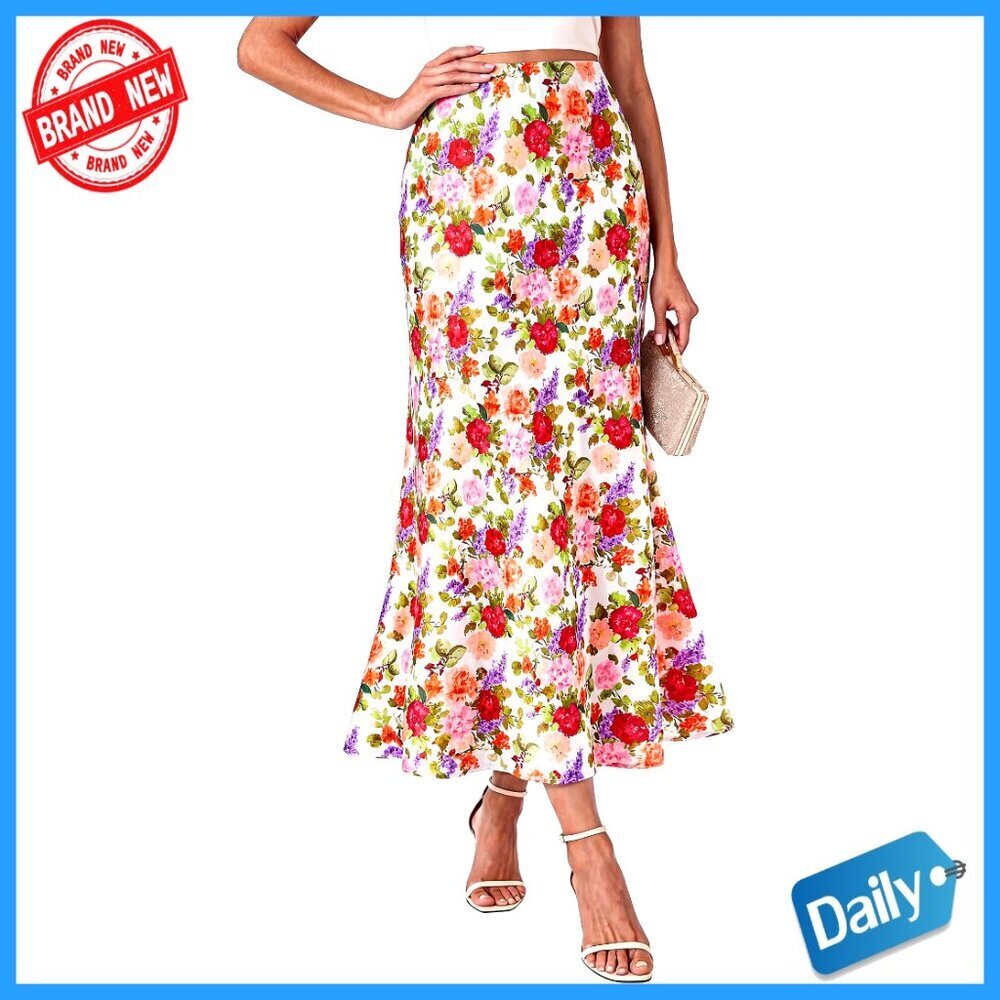Silk-Like Maxi Skirt High Waisted A-Line Wedding Guest Party